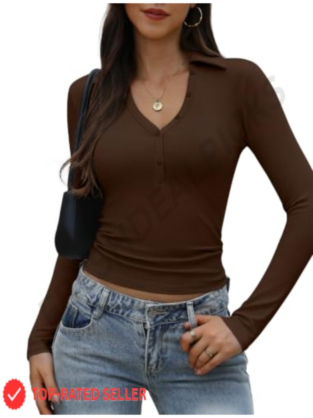 Women's Long Sleeve V Neck Collared Polo Shirt Ribbed Business Top